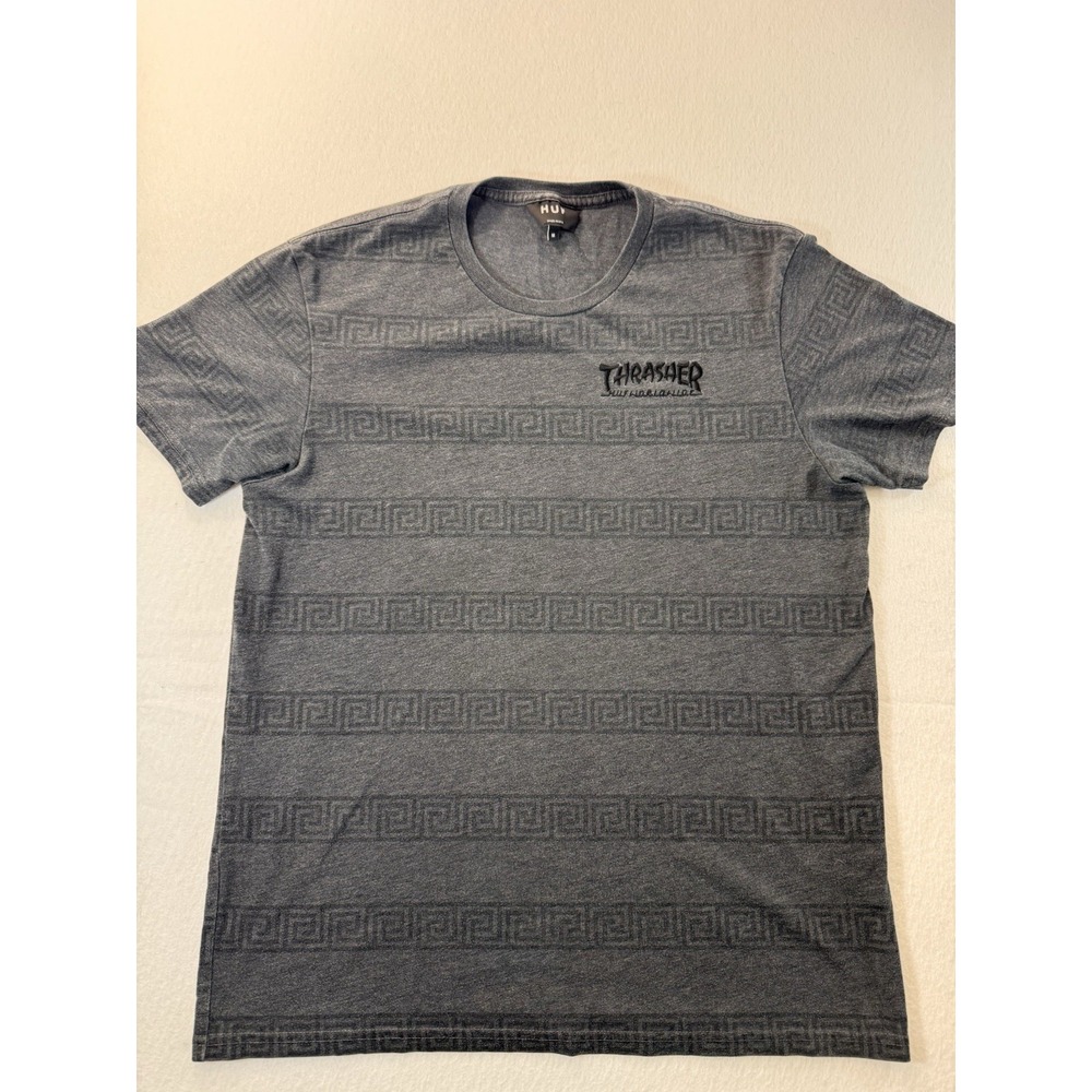 Huf x Thrasher Mens Tribal Striped T Shirt M Gray Distressed Skater Y2K USA Made